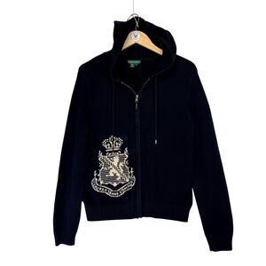 Lauren Jeans Co Heritage Knit Zip Hoodie Sweater Crest Logo Womens L Black Y2K